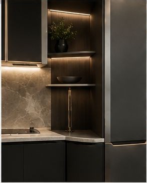 Detalle de cocina Lunova con marmol e iluminación integrada